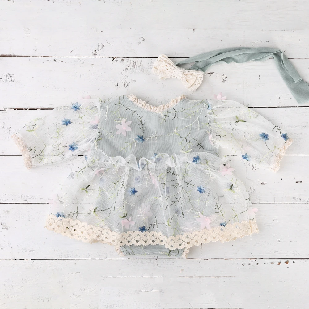 Newborn Photography Outfit Girl Floral Lace Tutu Romper Baby Photo Shoot Dress Infant Princess Long Sleeve Clothes