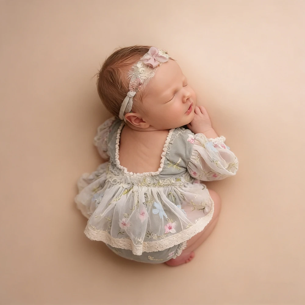 Newborn Photography Outfit Girl Floral Lace Tutu Romper Baby Photo Shoot Dress Infant Princess Long Sleeve Clothes