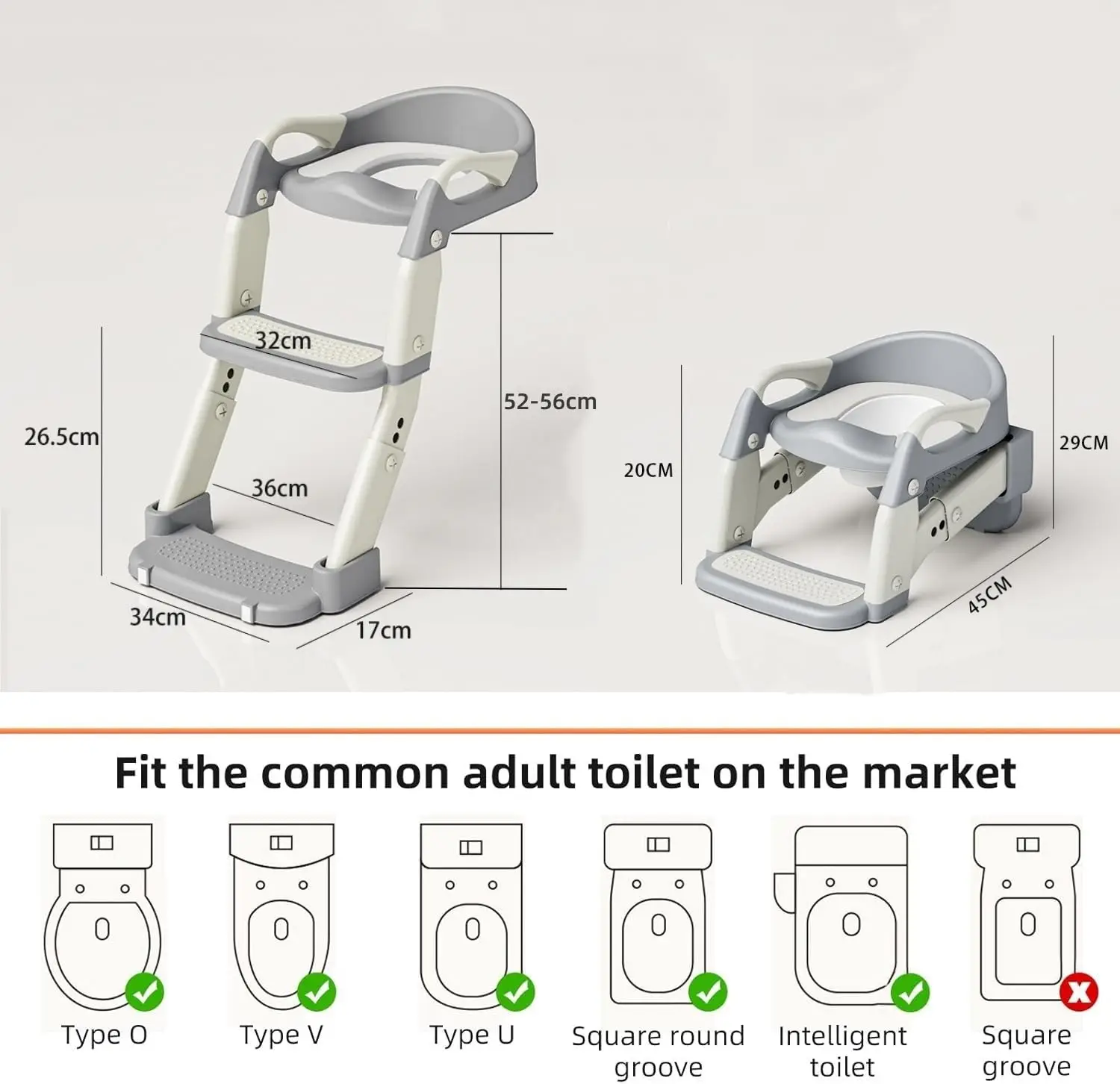 2 in 1 Toddler Toilet Ladder Seat, Potty Training Seat with Steps, for Boys Girls, Children Toilet Training in Bathroom(Grey)