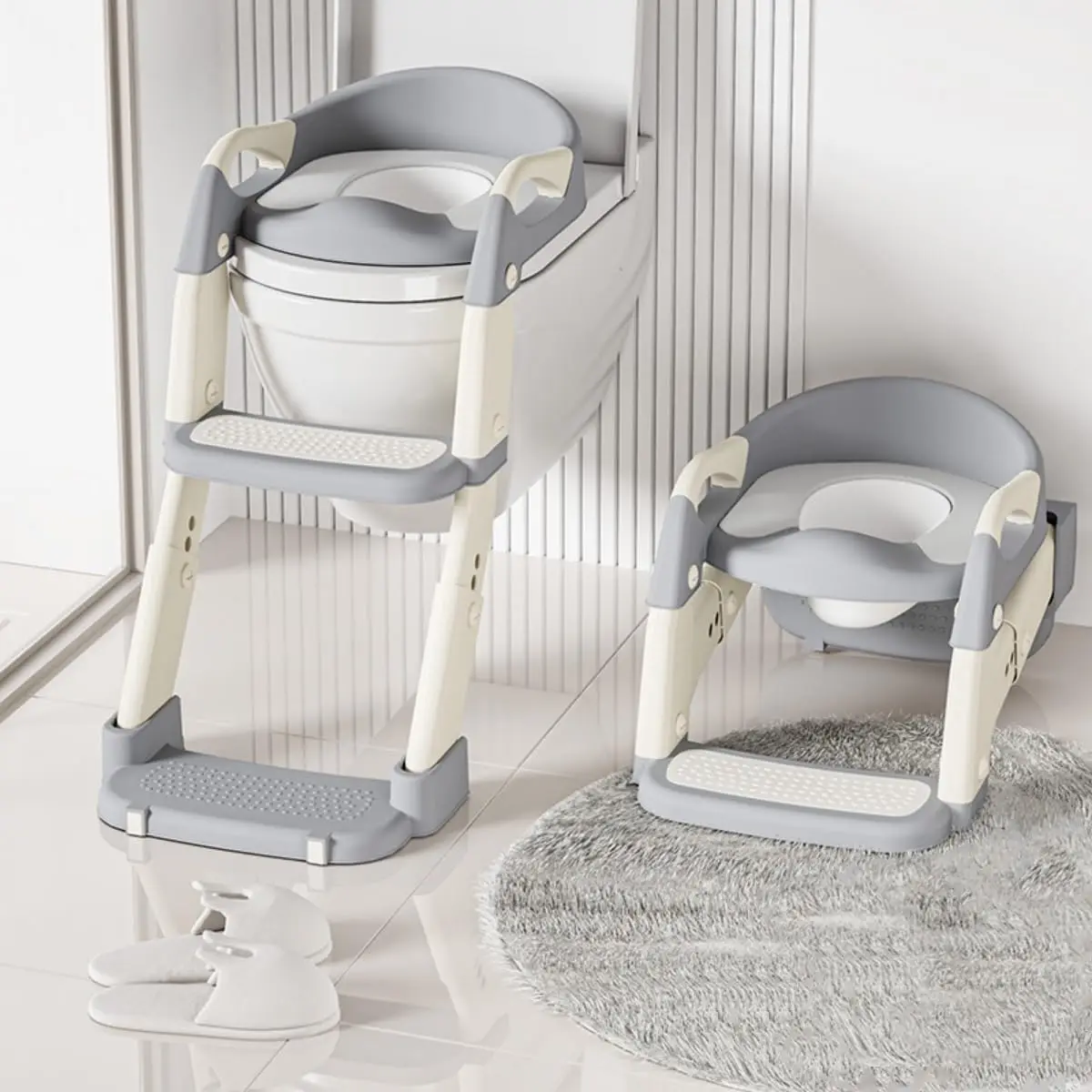 2 in 1 Toddler Toilet Ladder Seat, Potty Training Seat with Steps, for Boys Girls, Children Toilet Training in Bathroom(Grey)