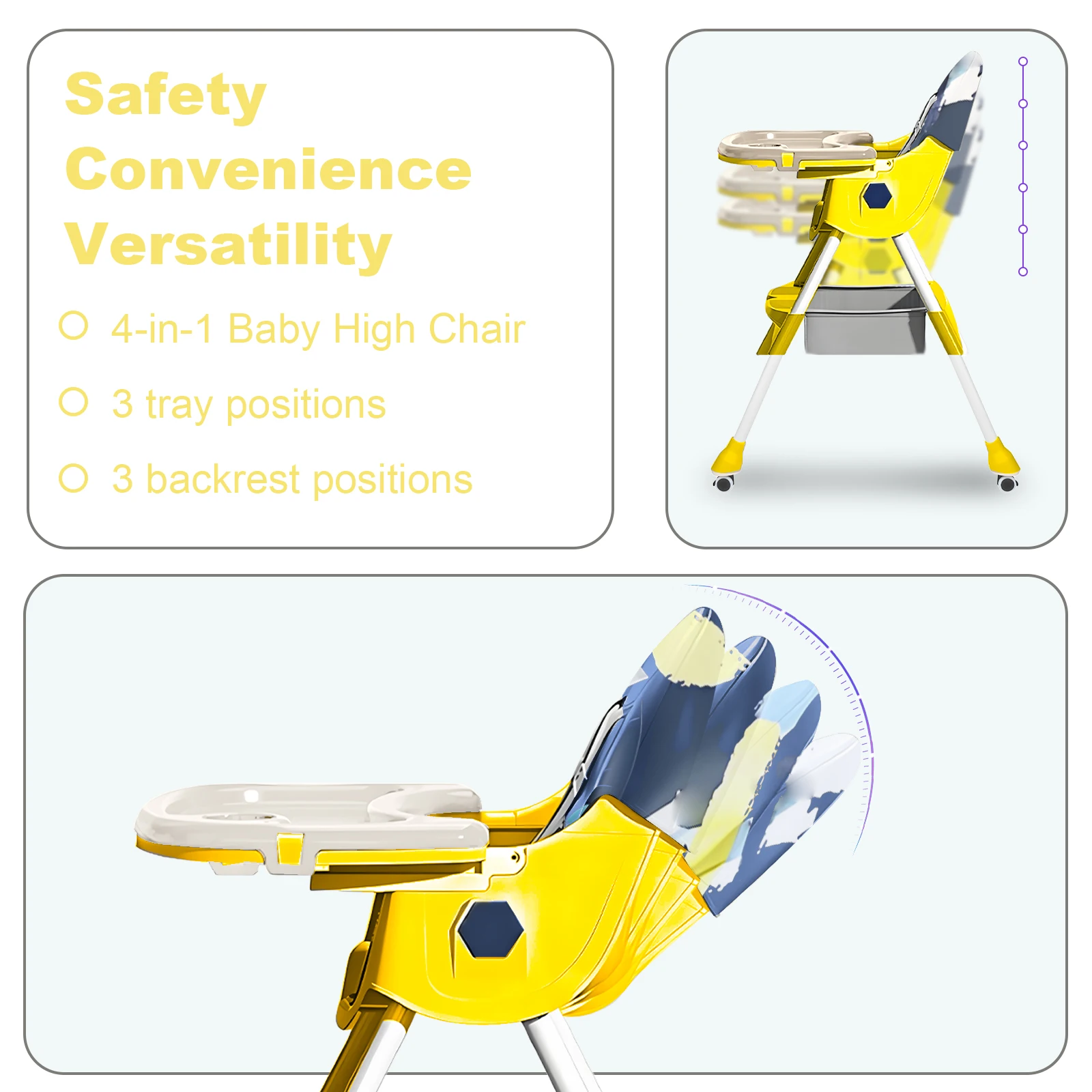 Foldable Baby High Chair 4-in-1 Foldable Reclining Feeding Table Chair Seat 7 Heights With Toyrack Easy To Clean Feeding