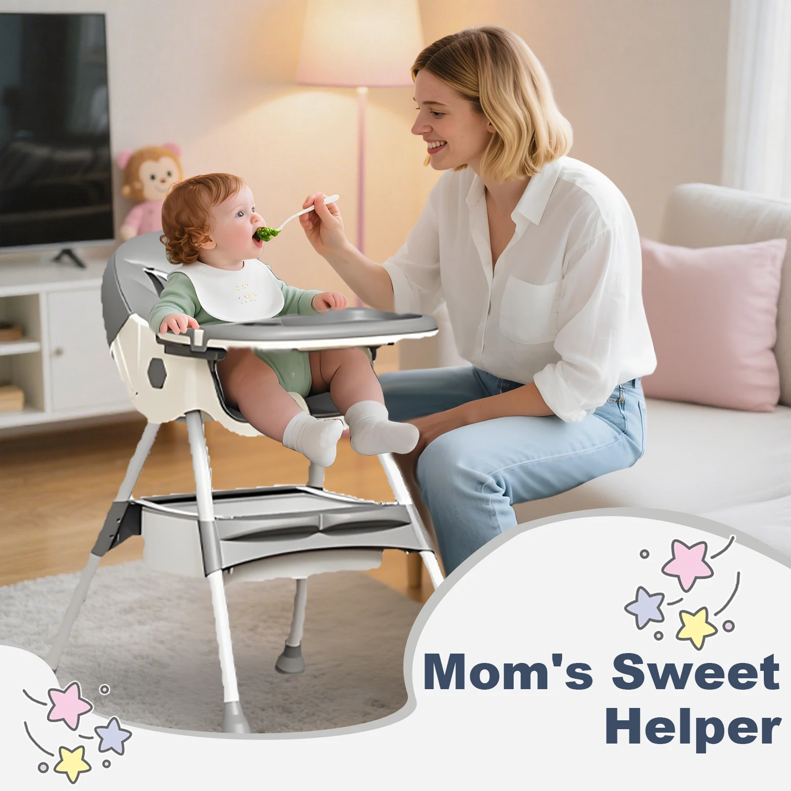 Foldable Baby High Chair 4-in-1 Foldable Reclining Feeding Table Chair Seat 7 Heights With Toyrack Easy To Clean Feeding