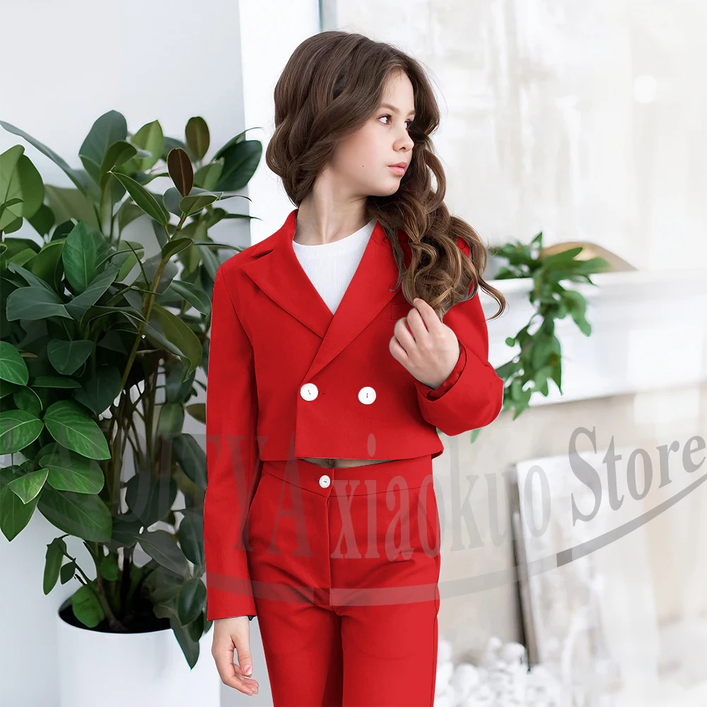 Gril Suits Fashion Peak Lapel Double Breasted Kids Clothes Wedding Birthday Party Graduation Ceremony Girl Clothing 2 Pieces