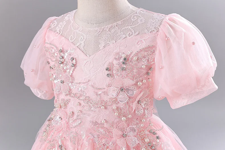 Fashion Flower Girl Dresses for Weddings Mesh Lace Short Sleeve Girls Sequin Dress Summer Children Evening Dresses 3-13 Years