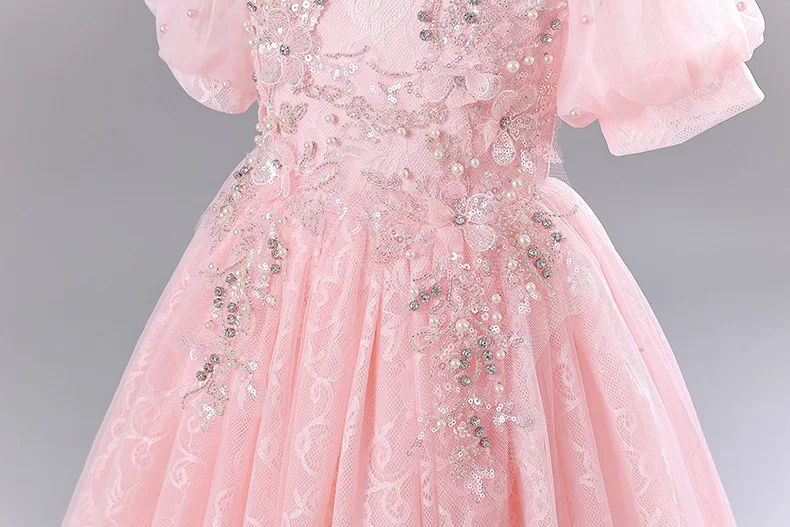 Fashion Flower Girl Dresses for Weddings Mesh Lace Short Sleeve Girls Sequin Dress Summer Children Evening Dresses 3-13 Years