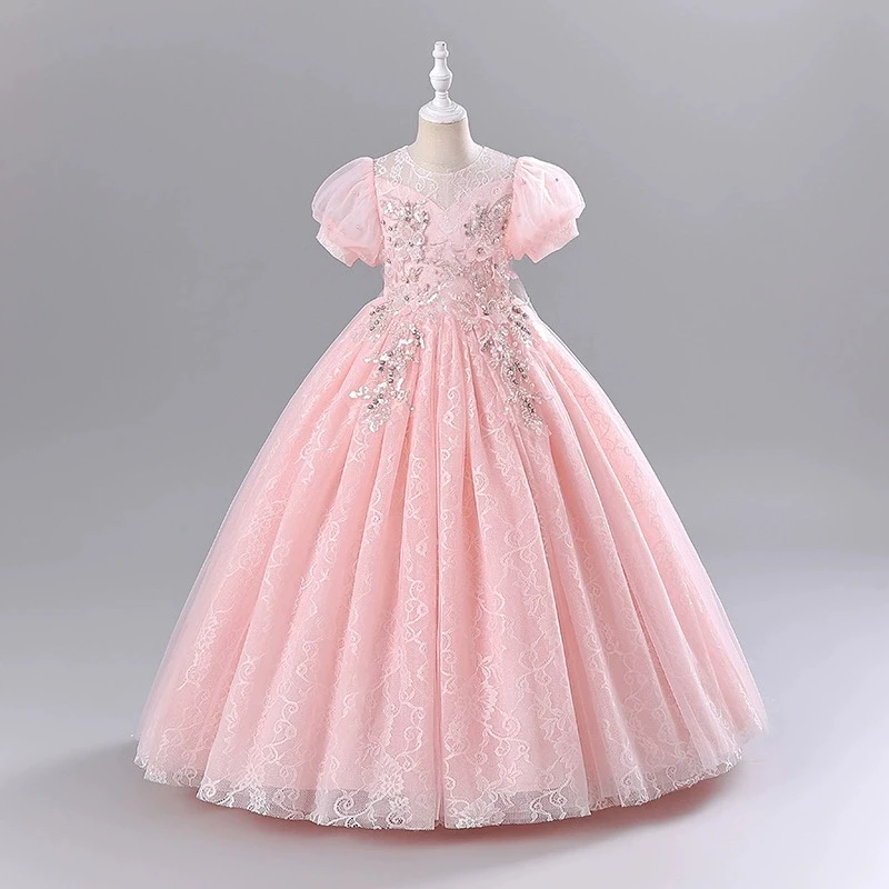 Fashion Flower Girl Dresses for Weddings Mesh Lace Short Sleeve Girls Sequin Dress Summer Children Evening Dresses 3-13 Years