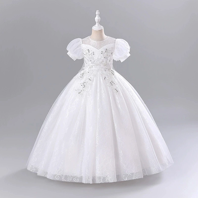 Fashion Flower Girl Dresses for Weddings Mesh Lace Short Sleeve Girls Sequin Dress Summer Children Evening Dresses 3-13 Years