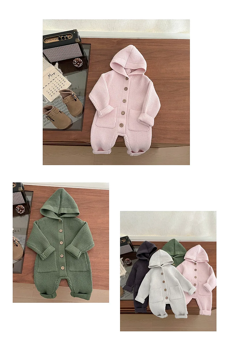 2025 Autumn New Baby Long Sleeve Knit Romper Boy Girl Newborn Warm Hooded Jumpsuit Solid Toddler Sweater Infant Casual Clothes