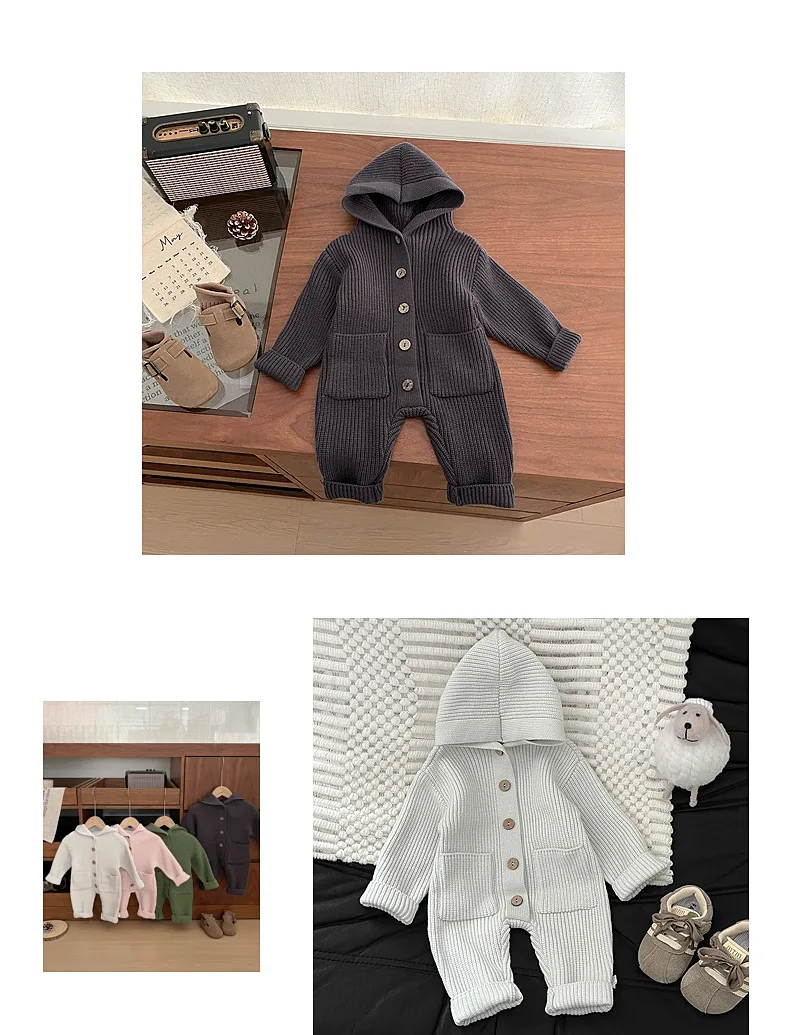 2025 Autumn New Baby Long Sleeve Knit Romper Boy Girl Newborn Warm Hooded Jumpsuit Solid Toddler Sweater Infant Casual Clothes