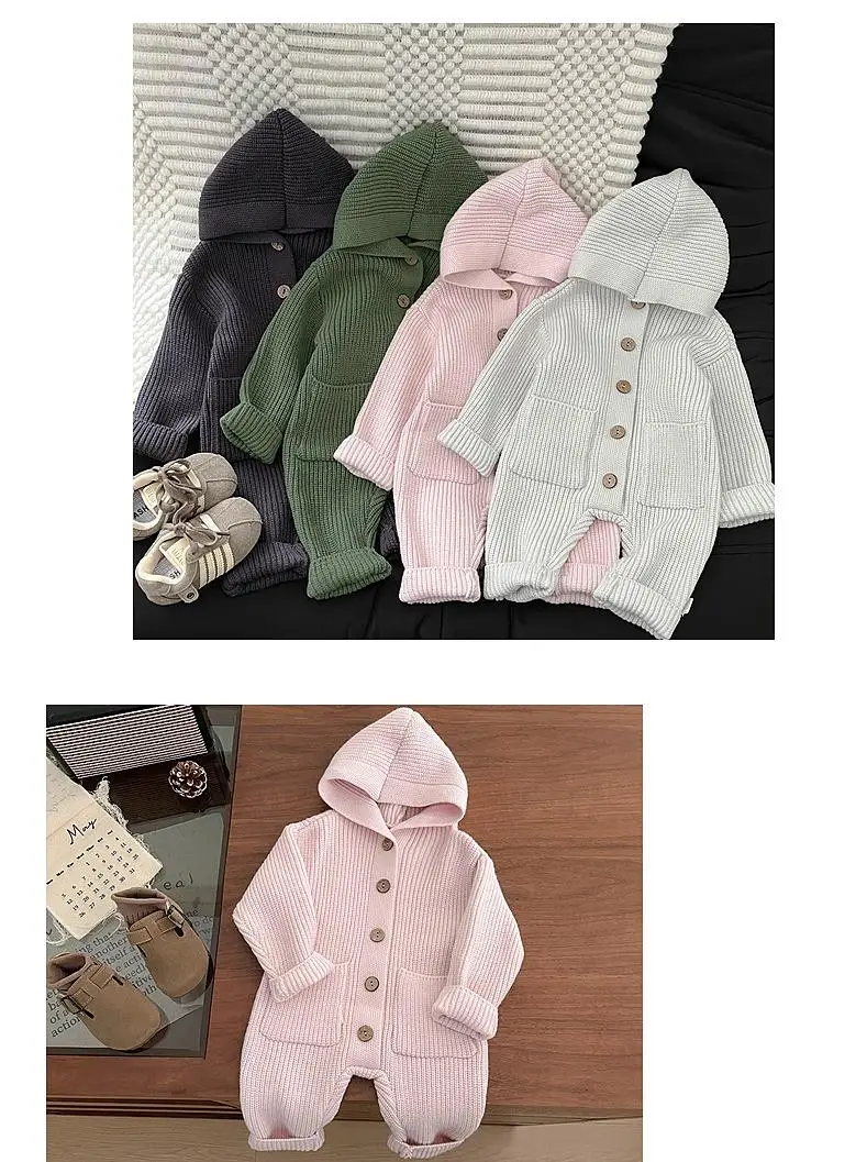 2025 Autumn New Baby Long Sleeve Knit Romper Boy Girl Newborn Warm Hooded Jumpsuit Solid Toddler Sweater Infant Casual Clothes