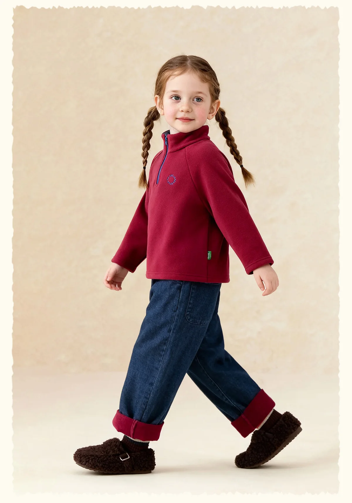 Amila 2026 Kids Winter Children's Denim Plush Casual Pants Red Knitted Legs Cuffed Fruit Pattern Rear Bag Fashionable And Cute