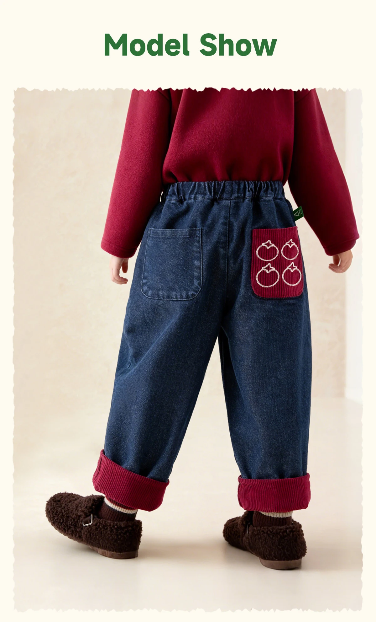 Amila 2026 Kids Winter Children's Denim Plush Casual Pants Red Knitted Legs Cuffed Fruit Pattern Rear Bag Fashionable And Cute