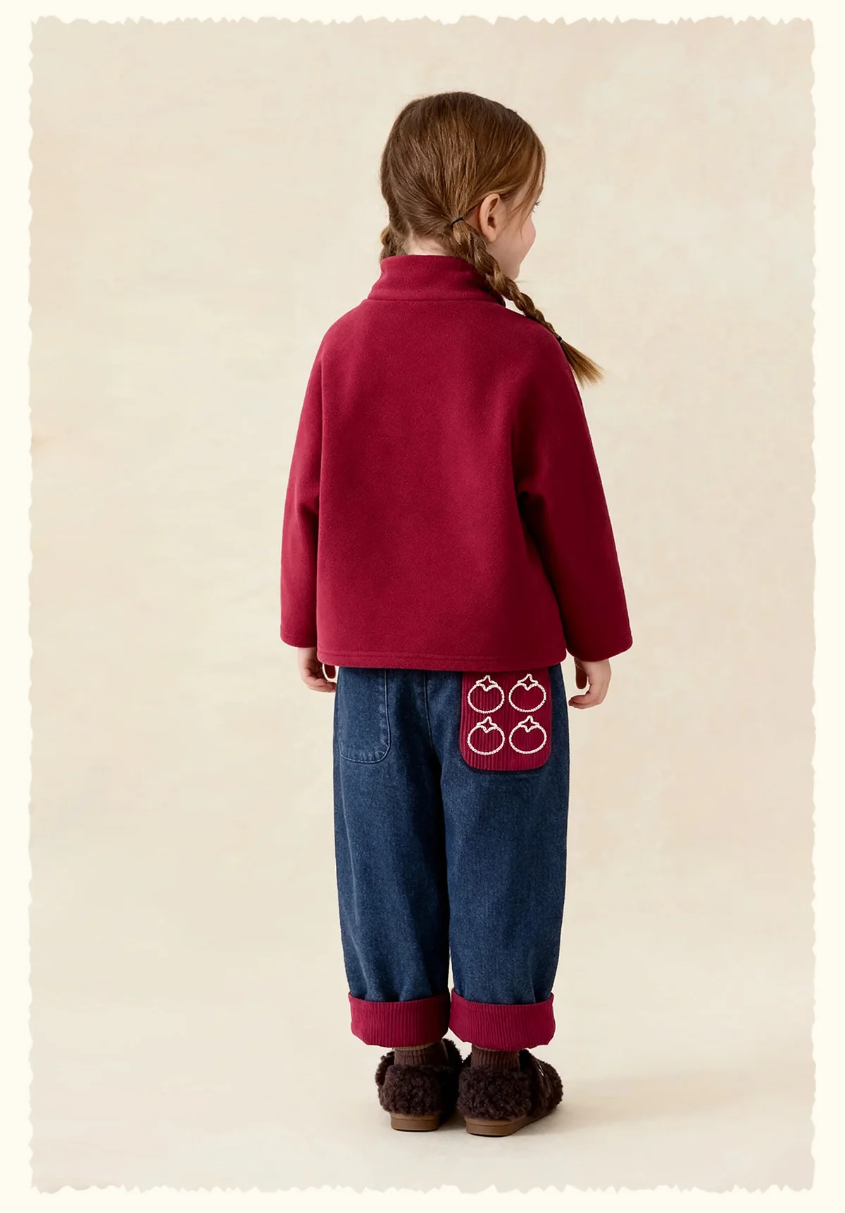 Amila 2026 Kids Winter Children's Denim Plush Casual Pants Red Knitted Legs Cuffed Fruit Pattern Rear Bag Fashionable And Cute