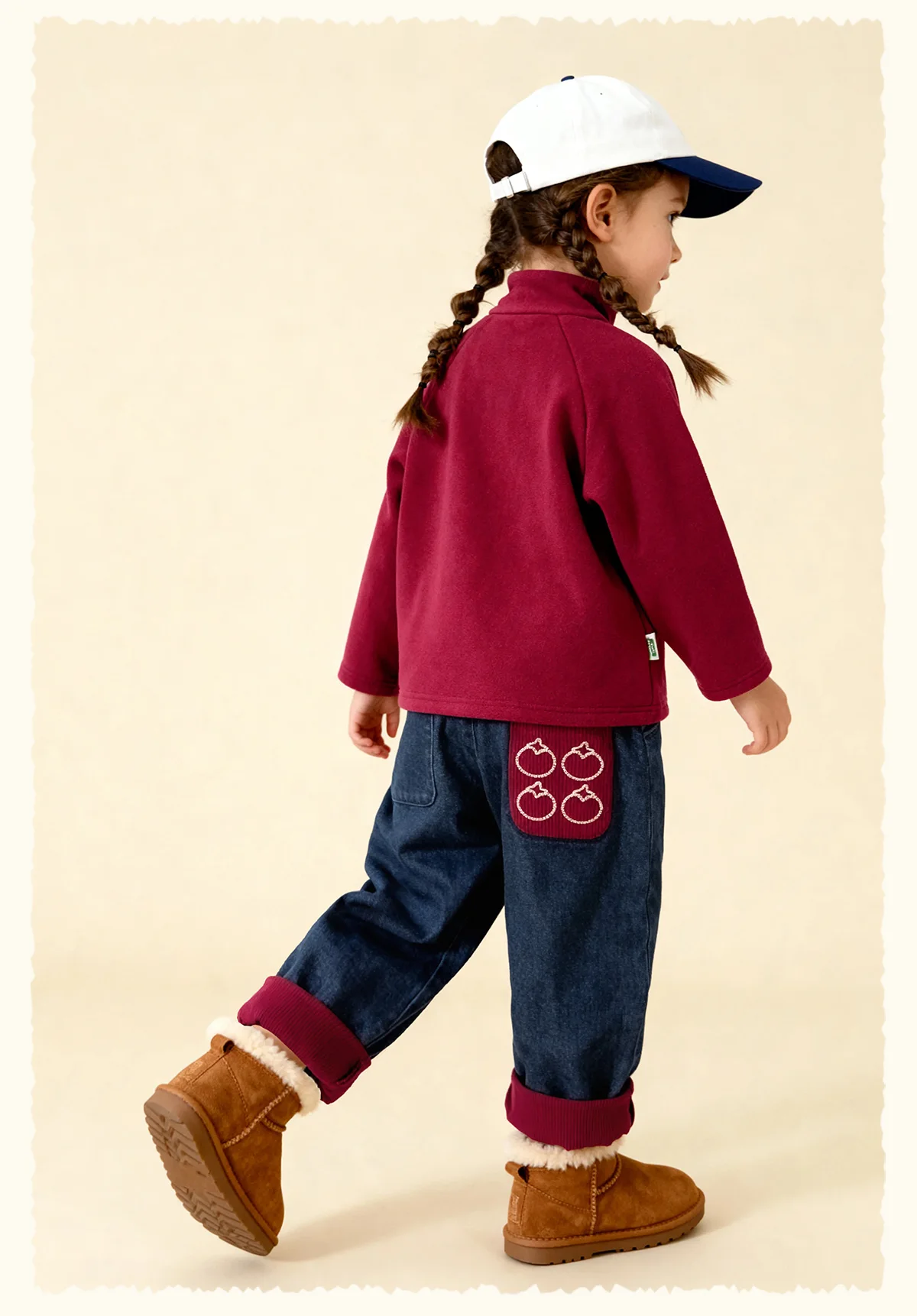 Amila 2026 Kids Winter Children's Denim Plush Casual Pants Red Knitted Legs Cuffed Fruit Pattern Rear Bag Fashionable And Cute