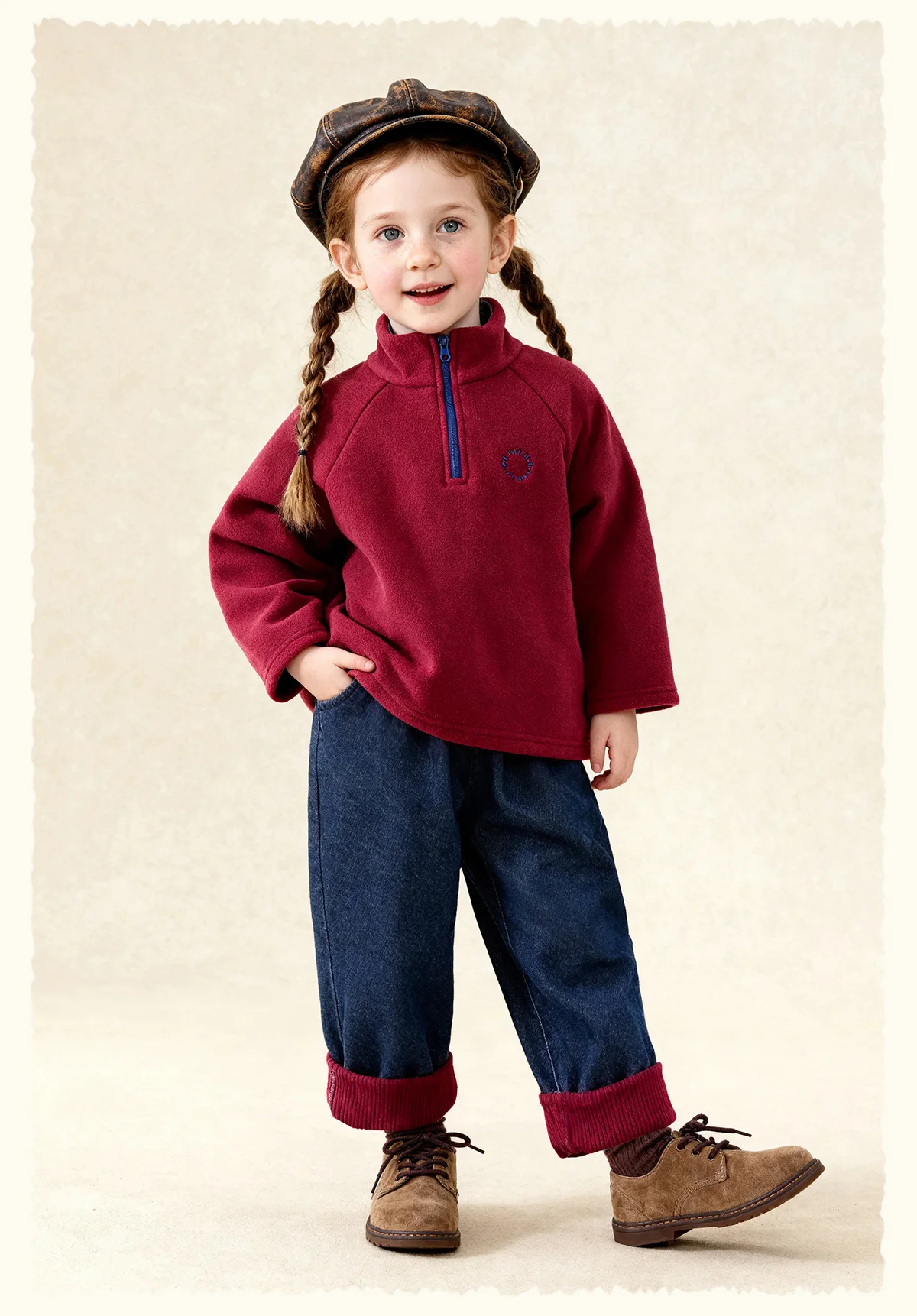 Amila 2026 Kids Winter Children's Denim Plush Casual Pants Red Knitted Legs Cuffed Fruit Pattern Rear Bag Fashionable And Cute