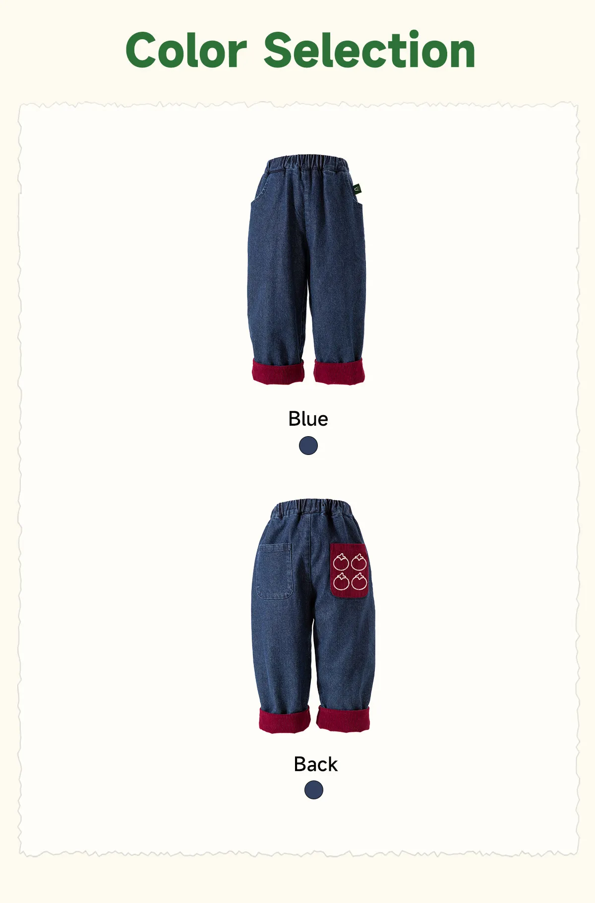 Amila 2026 Kids Winter Children's Denim Plush Casual Pants Red Knitted Legs Cuffed Fruit Pattern Rear Bag Fashionable And Cute