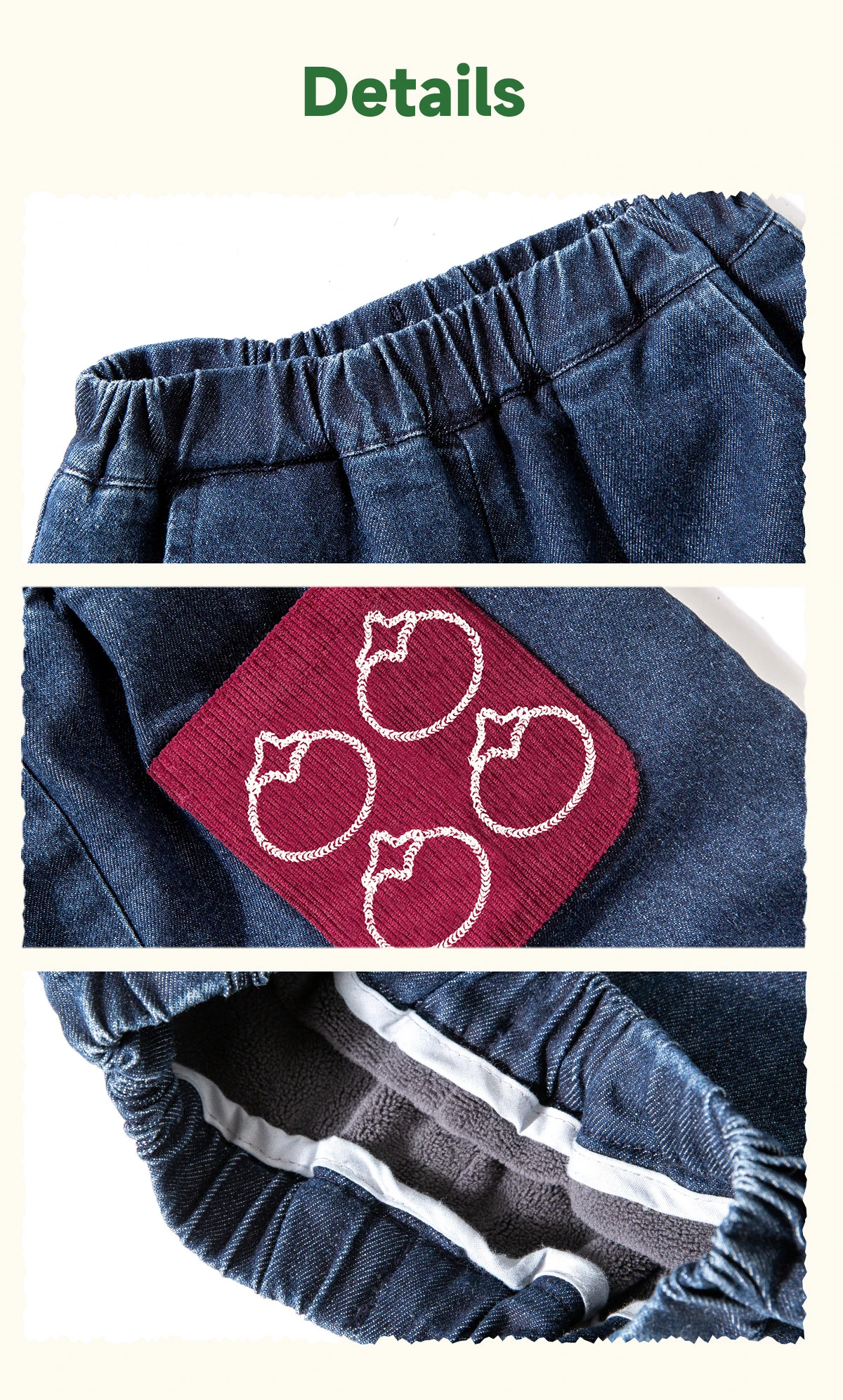Amila 2026 Kids Winter Children's Denim Plush Casual Pants Red Knitted Legs Cuffed Fruit Pattern Rear Bag Fashionable And Cute