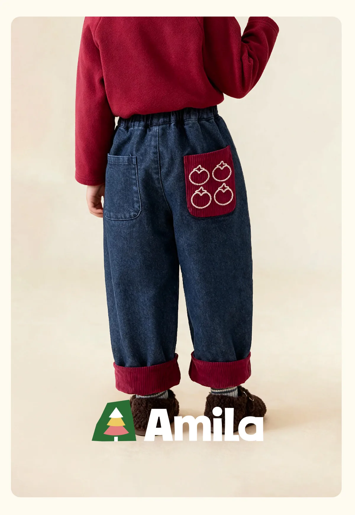 Amila 2026 Kids Winter Children's Denim Plush Casual Pants Red Knitted Legs Cuffed Fruit Pattern Rear Bag Fashionable And Cute