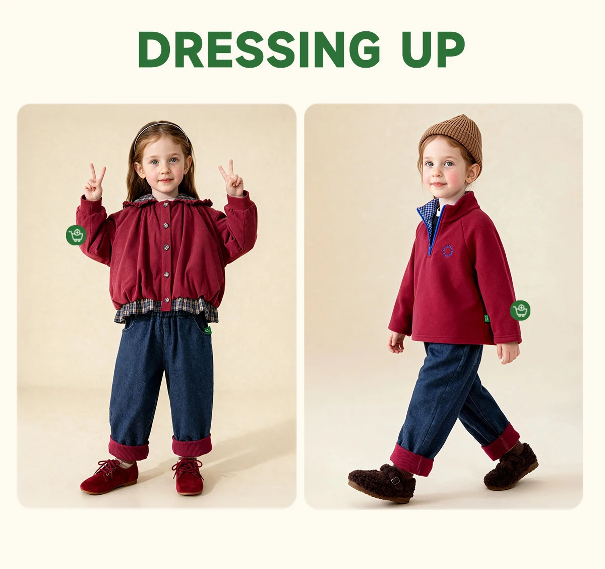 Amila 2026 Kids Winter Children's Denim Plush Casual Pants Red Knitted Legs Cuffed Fruit Pattern Rear Bag Fashionable And Cute