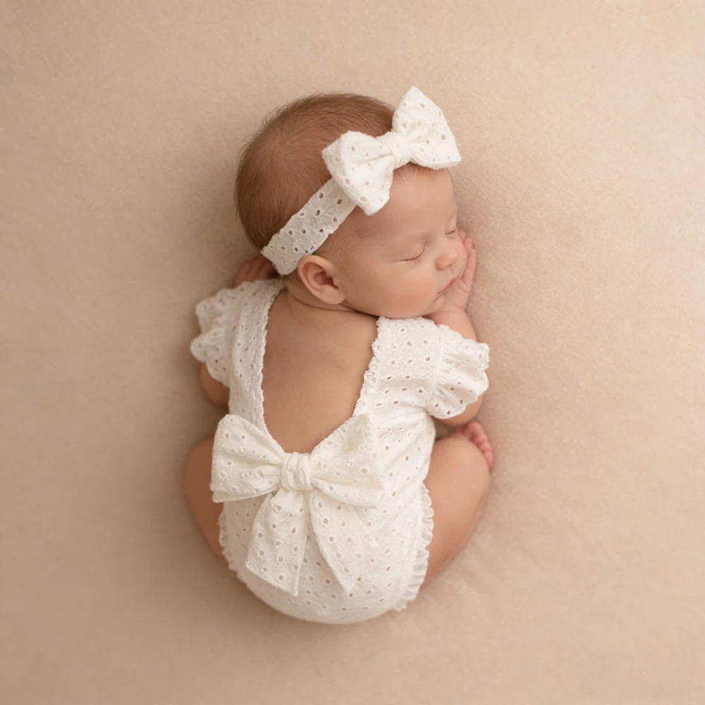 Newborn Baby Girl Eyelet Ruffled Romper with Back Bow and Matching Headband Infant Photography Outfit Newborn Photo Clothes