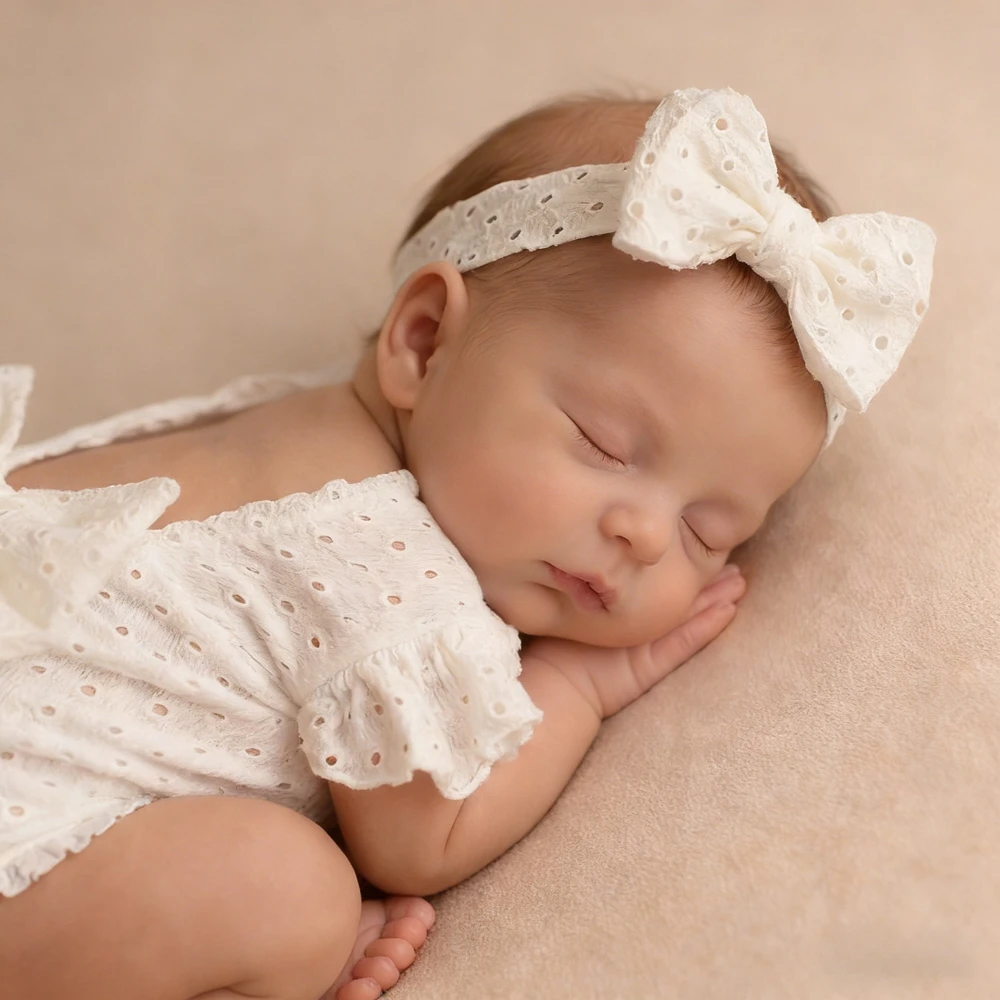 Newborn Baby Girl Eyelet Ruffled Romper with Back Bow and Matching Headband Infant Photography Outfit Newborn Photo Clothes