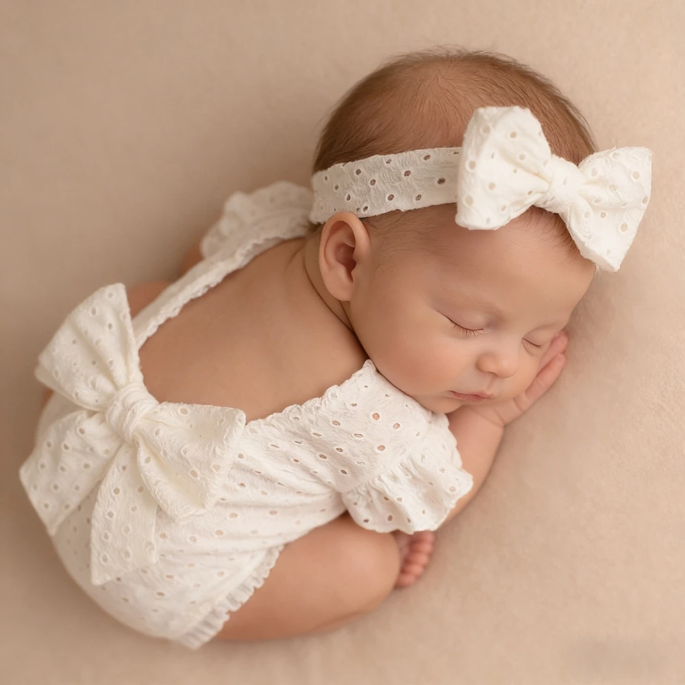 Newborn Baby Girl Eyelet Ruffled Romper with Back Bow and Matching Headband Infant Photography Outfit Newborn Photo Clothes