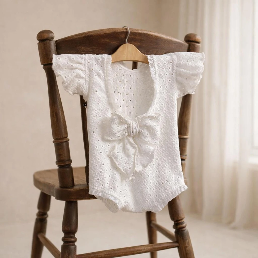 Newborn Baby Girl Eyelet Ruffled Romper with Back Bow and Matching Headband Infant Photography Outfit Newborn Photo Clothes