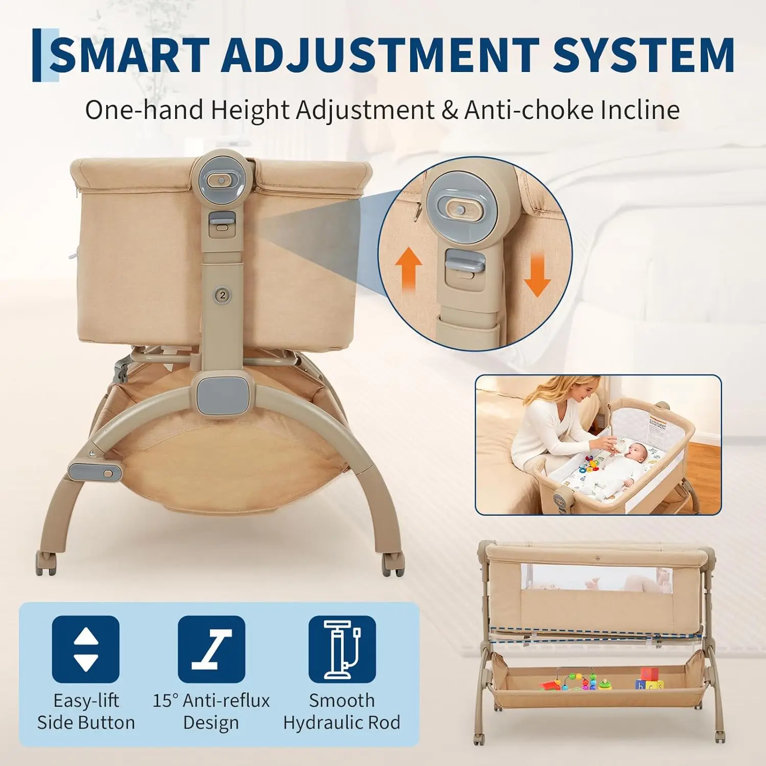 Bedside Bassinet Baby Bassinet 3 in 1 Bedside Sleeper with Baby Co-Sleeper Travel Crib with Detachable Mosquito Net for Newborn