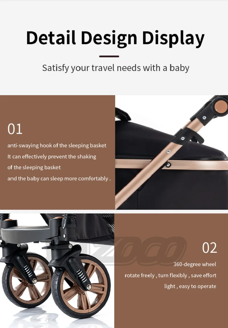 3-in-1 Baby Stroller Travel Pram, Reversible Push Handle, Aluminium Alloy Frame, One Click Foldable for Newborn to Toddler