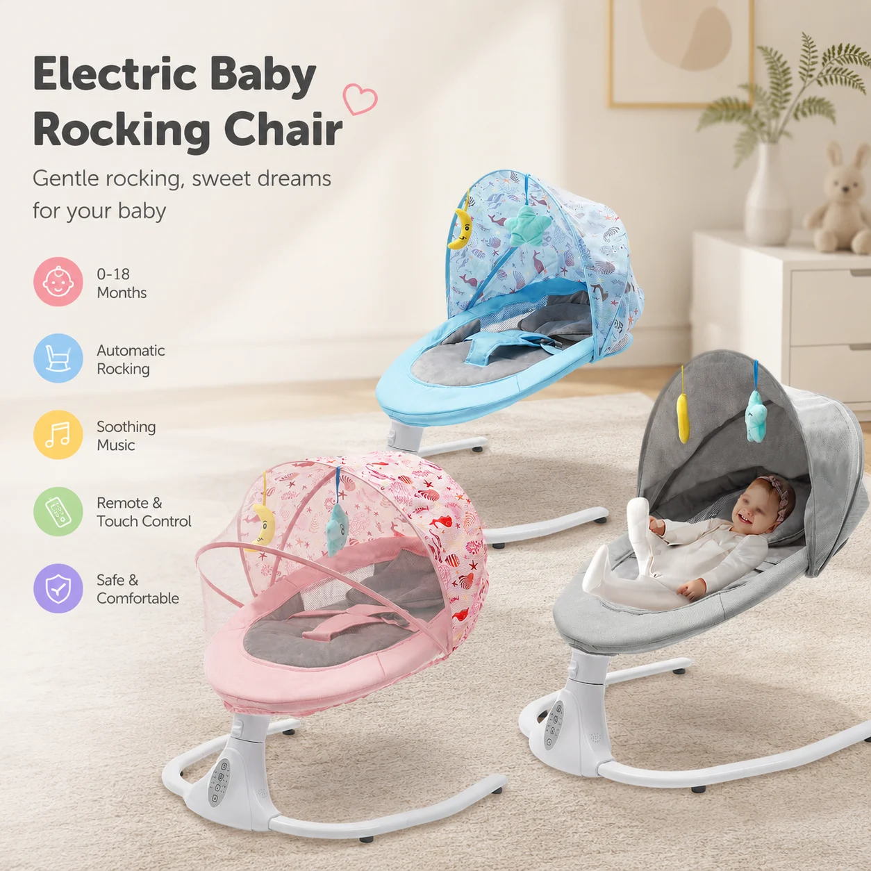 Electric Baby Swing Chair, Bluetooth Remote Control Reclining Baby Rocker, 180° Adjustable Infant Bouncer, 5V USB Powered, 12 Lullabies, 4 Swing Speeds, Timer, 3-Point Harness, Mosquito Net, for 0-18 Months, Gray Blue Pink 3 Colors