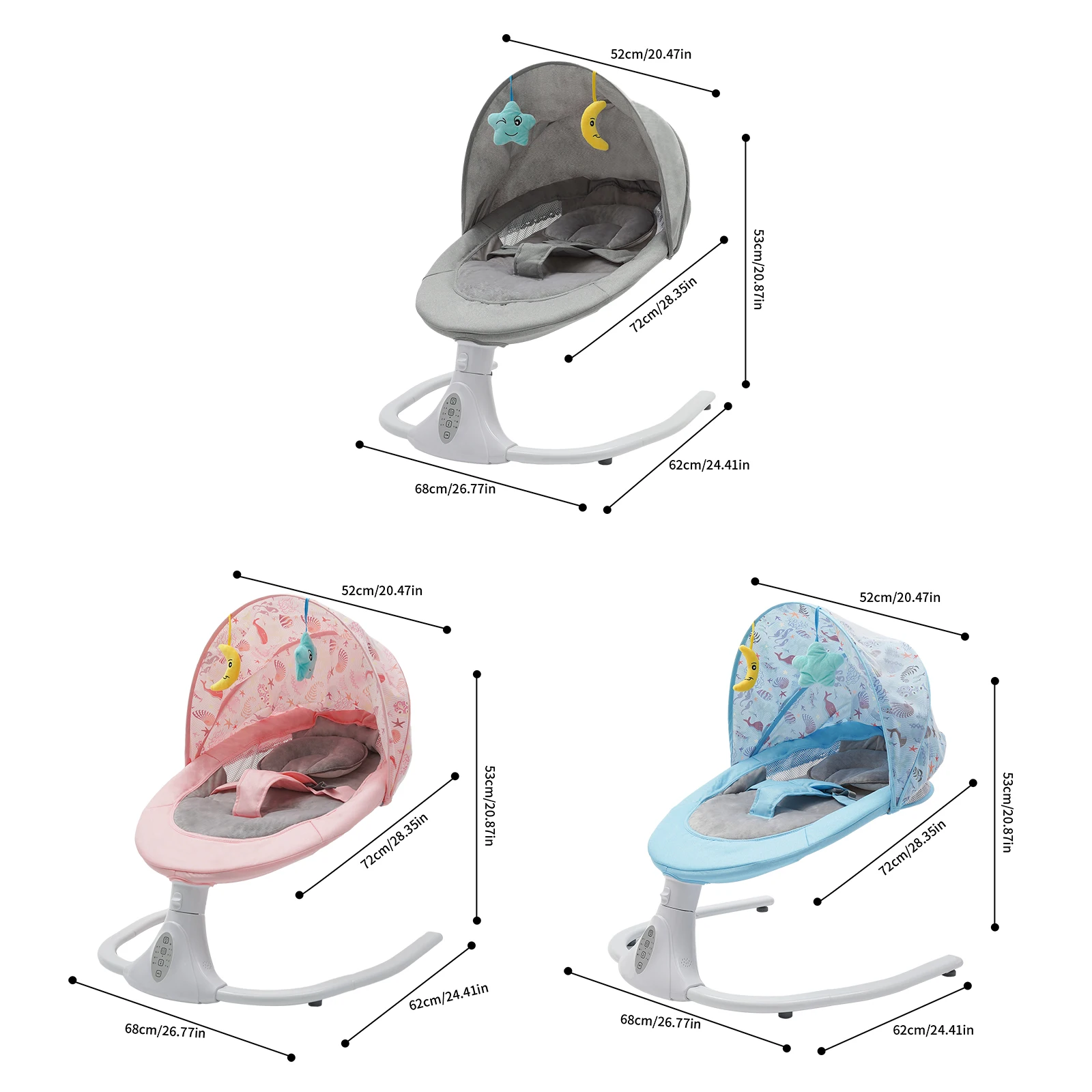 Electric Baby Swing Chair, Bluetooth Remote Control Reclining Baby Rocker, 180° Adjustable Infant Bouncer, 5V USB Powered, 12 Lullabies, 4 Swing Speeds, Timer, 3-Point Harness, Mosquito Net, for 0-18 Months, Gray Blue Pink 3 Colors