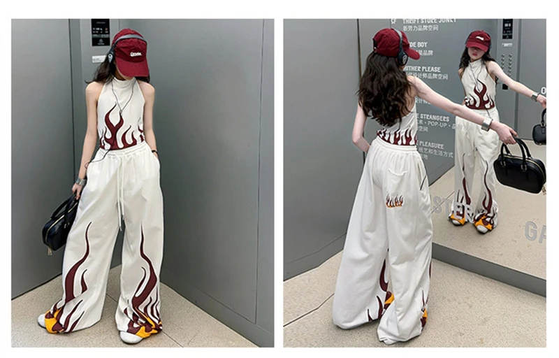 Summer Children Girls 2PCS Clothes Set Halter Vest+Pants Fashion Flame Print Cool Suit Streetwear Teenager Tracksuits 5-14Years