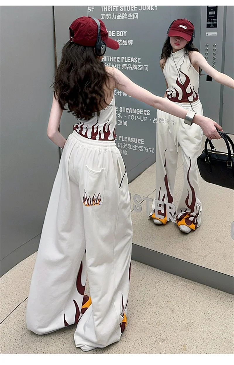 Summer Children Girls 2PCS Clothes Set Halter Vest+Pants Fashion Flame Print Cool Suit Streetwear Teenager Tracksuits 5-14Years