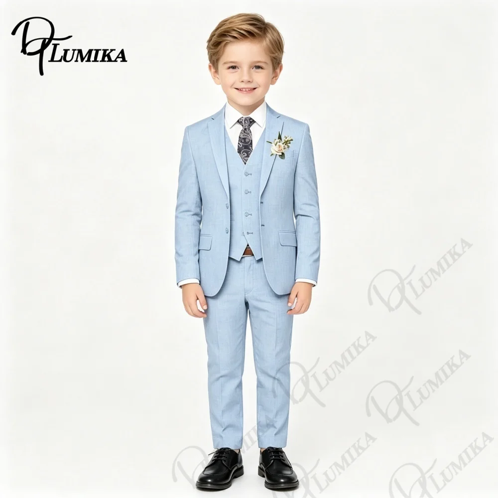 Boys Sky Blue Formal Suit 4PCS Set with Floral Tie Linen Blazer Vest Pants for Graduation Wedding Birthday Photoshoot 3-13 Years
