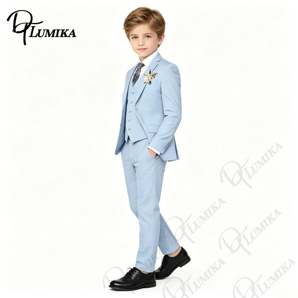 Boys Sky Blue Formal Suit 4PCS Set with Floral Tie Linen Blazer Vest Pants for Graduation Wedding Birthday Photoshoot 3-13 Years