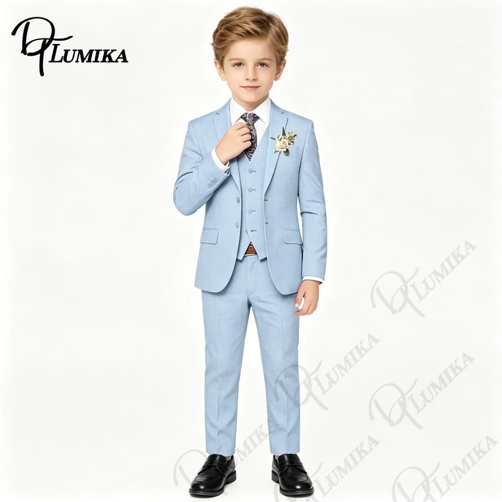 Boys Sky Blue Formal Suit 4PCS Set with Floral Tie Linen Blazer Vest Pants for Graduation Wedding Birthday Photoshoot 3-13 Years