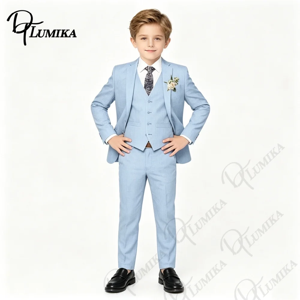 Boys Sky Blue Formal Suit 4PCS Set with Floral Tie Linen Blazer Vest Pants for Graduation Wedding Birthday Photoshoot 3-13 Years