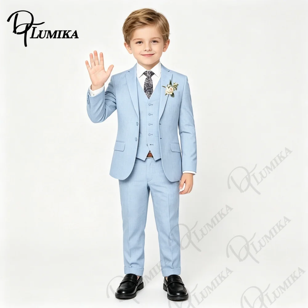 Boys Sky Blue Formal Suit 4PCS Set with Floral Tie Linen Blazer Vest Pants for Graduation Wedding Birthday Photoshoot 3-13 Years