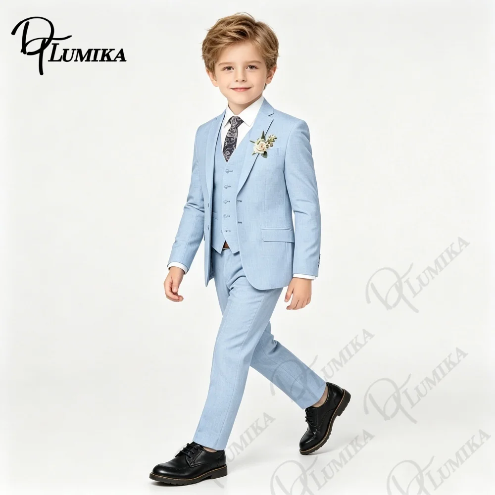 Boys Sky Blue Formal Suit 4PCS Set with Floral Tie Linen Blazer Vest Pants for Graduation Wedding Birthday Photoshoot 3-13 Years