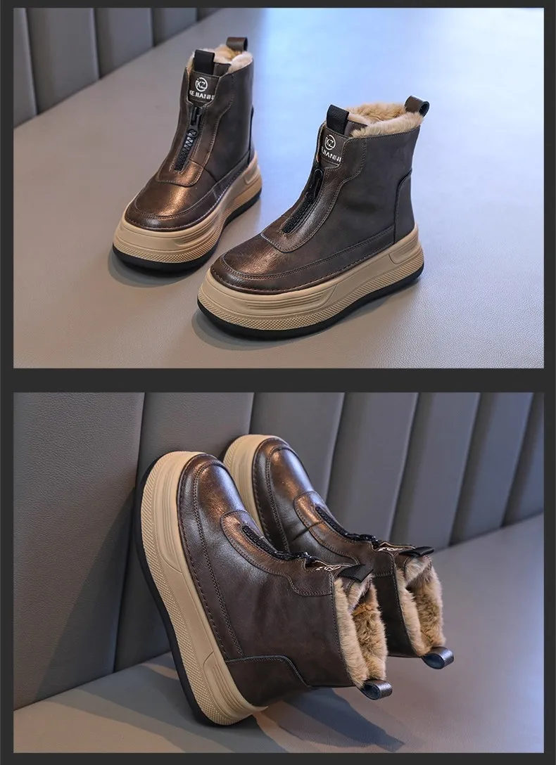 Kids Short Boots Handsome Comfortable Fur Children Fashion Boots Soft Bottom 2026 Brand New Boys Girls Ankle Boots Front Zipper
