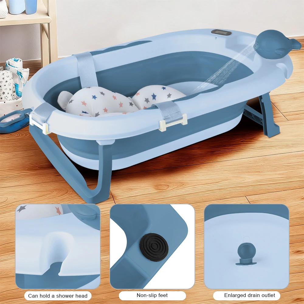 Baby Bathtub with Stand, Foldable Bathtub with Non-Slip Stand, Bath Mat and Bathtub Insert for Newborns and Toddlers
