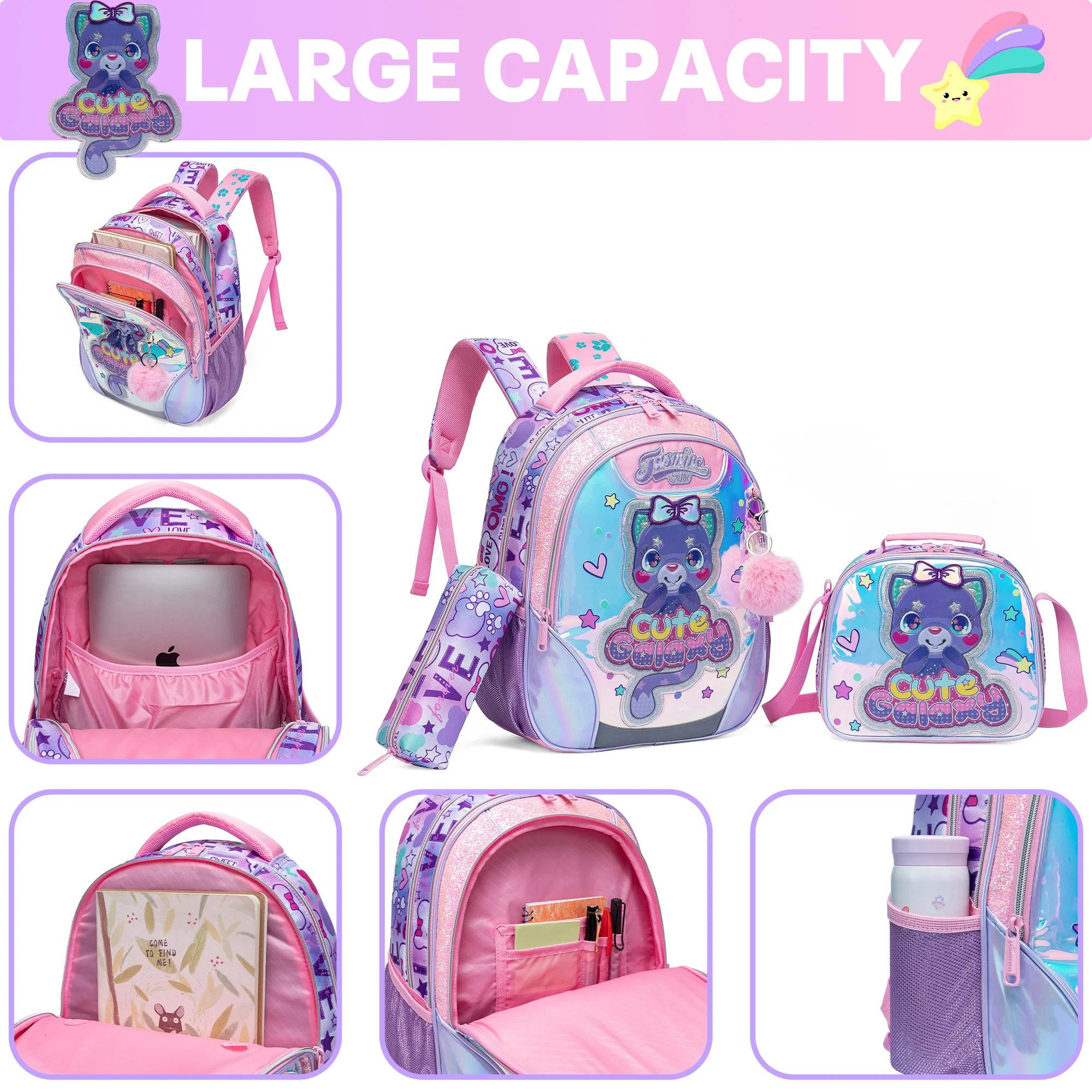Backpack for Girls 16" Backpacks for Girls for School Sequin Backpack with Lunch Box for Elementary Students