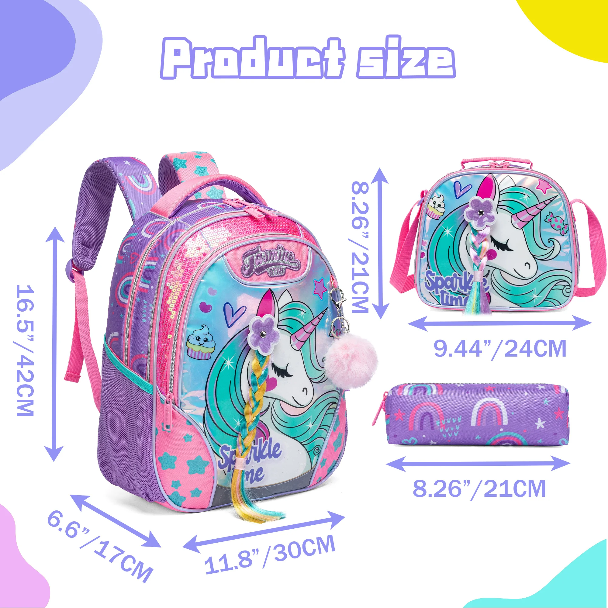 Backpack for Girls 16" Backpacks for Girls for School Sequin Backpack with Lunch Box for Elementary Students