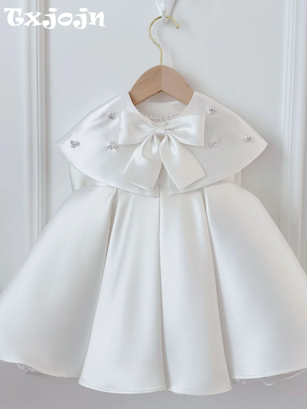 Sweet Elegant Satin Flower Girl Dress With Cape For Wedding Luxurious Bow Pearls Princess Gown For Kids Birthday Party 80-160cm