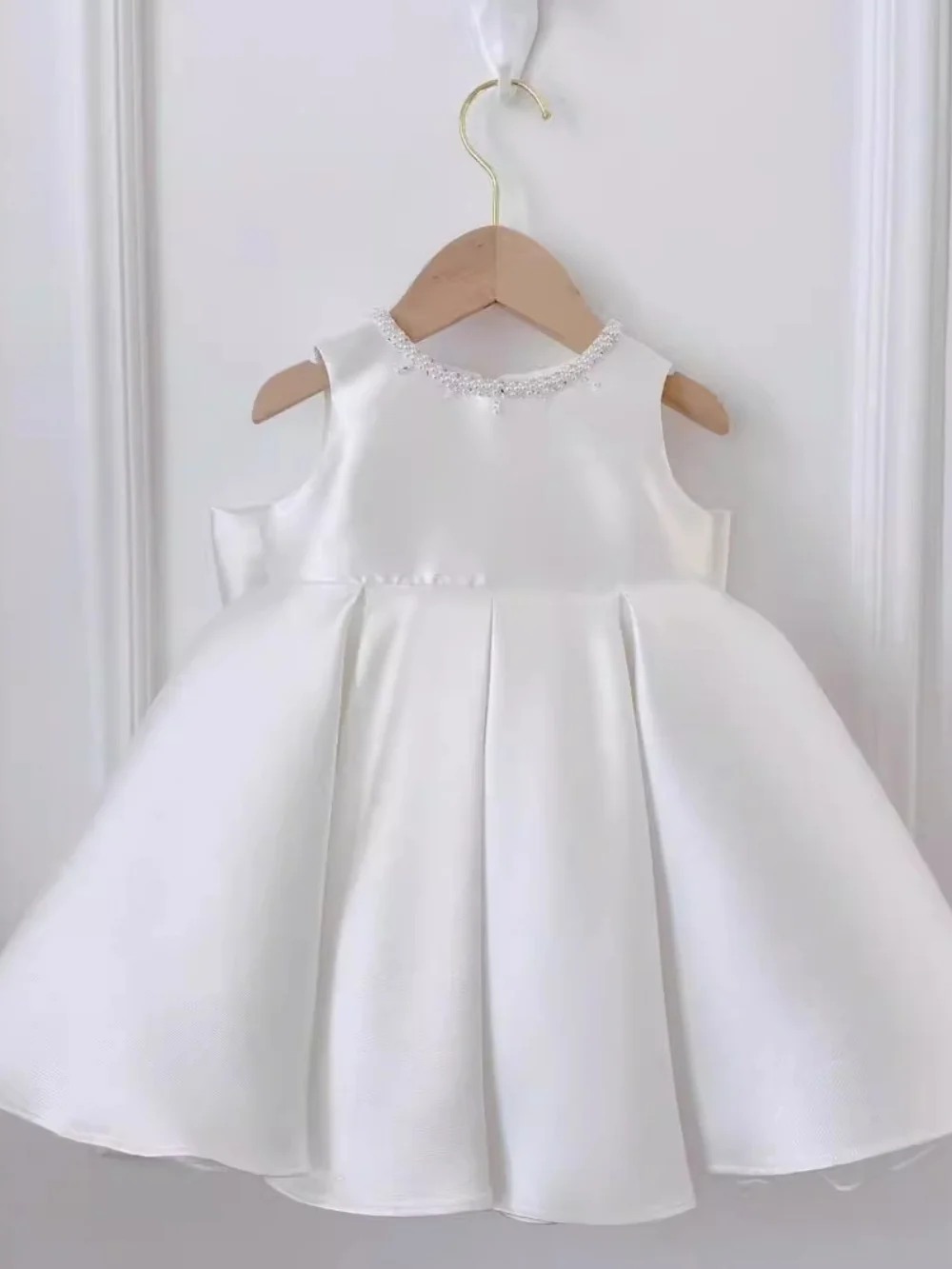 Sweet Elegant Satin Flower Girl Dress With Cape For Wedding Luxurious Bow Pearls Princess Gown For Kids Birthday Party 80-160cm