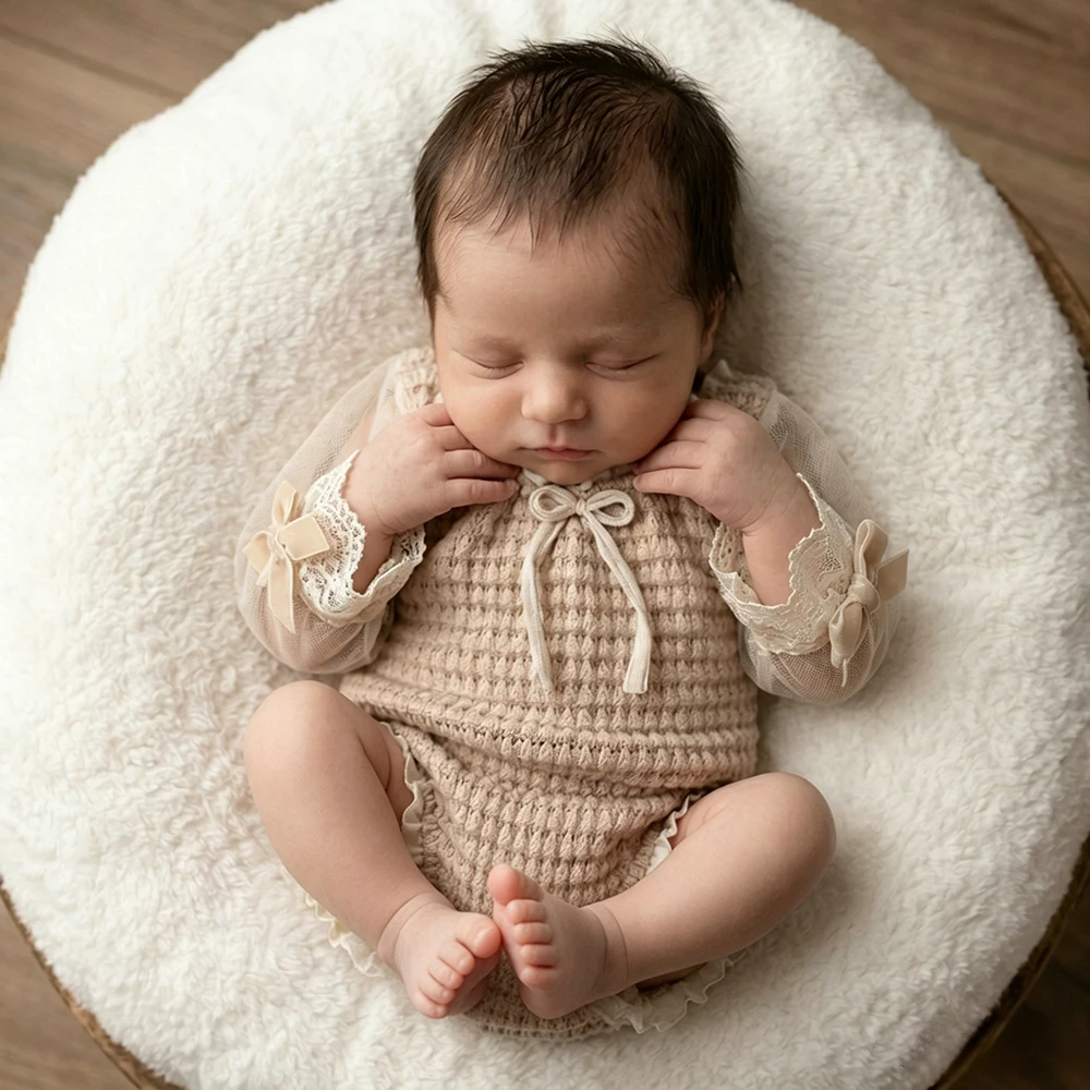 Newborn Photography Props Knit Baby Romper Vintage Lace Long Sleeve Bow Princess Infant Photoshoot Outfit Studio Clothes