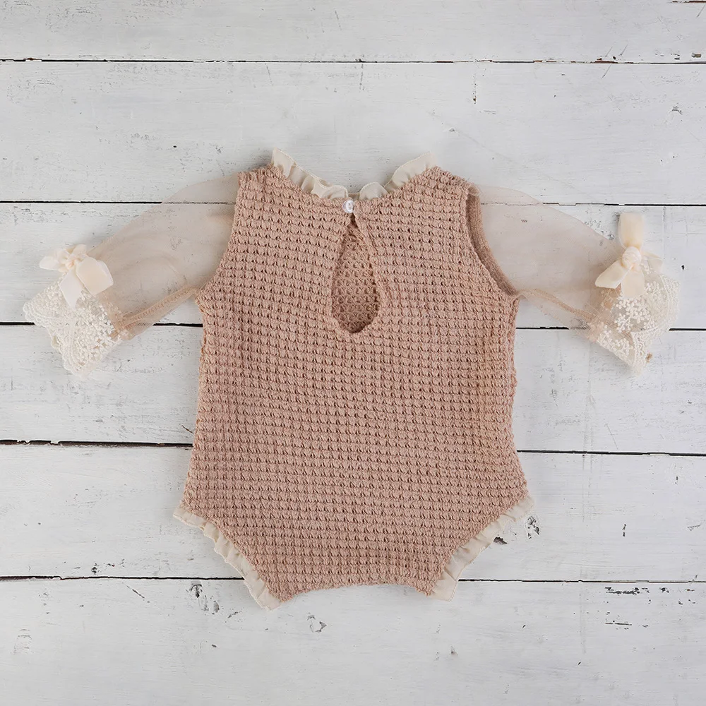 Newborn Photography Props Knit Baby Romper Vintage Lace Long Sleeve Bow Princess Infant Photoshoot Outfit Studio Clothes