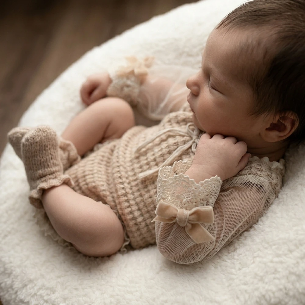 Newborn Photography Props Knit Baby Romper Vintage Lace Long Sleeve Bow Princess Infant Photoshoot Outfit Studio Clothes