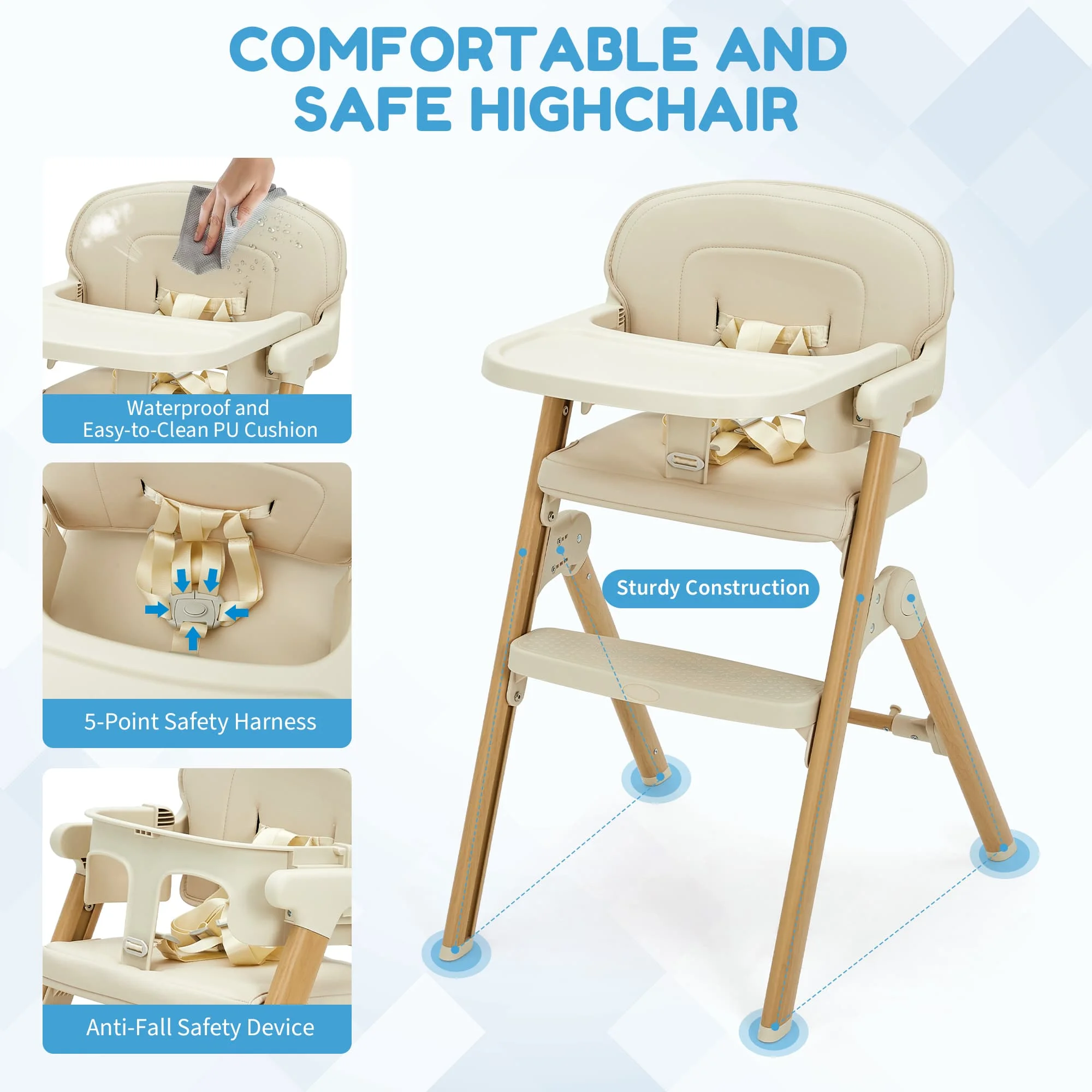 HiMISS Collapsible Portable Baby High Chair, Easy to Clean Waterproof Cushion, Removable Tray, Adjustable Footrest, Compact Toddler Booster Seat