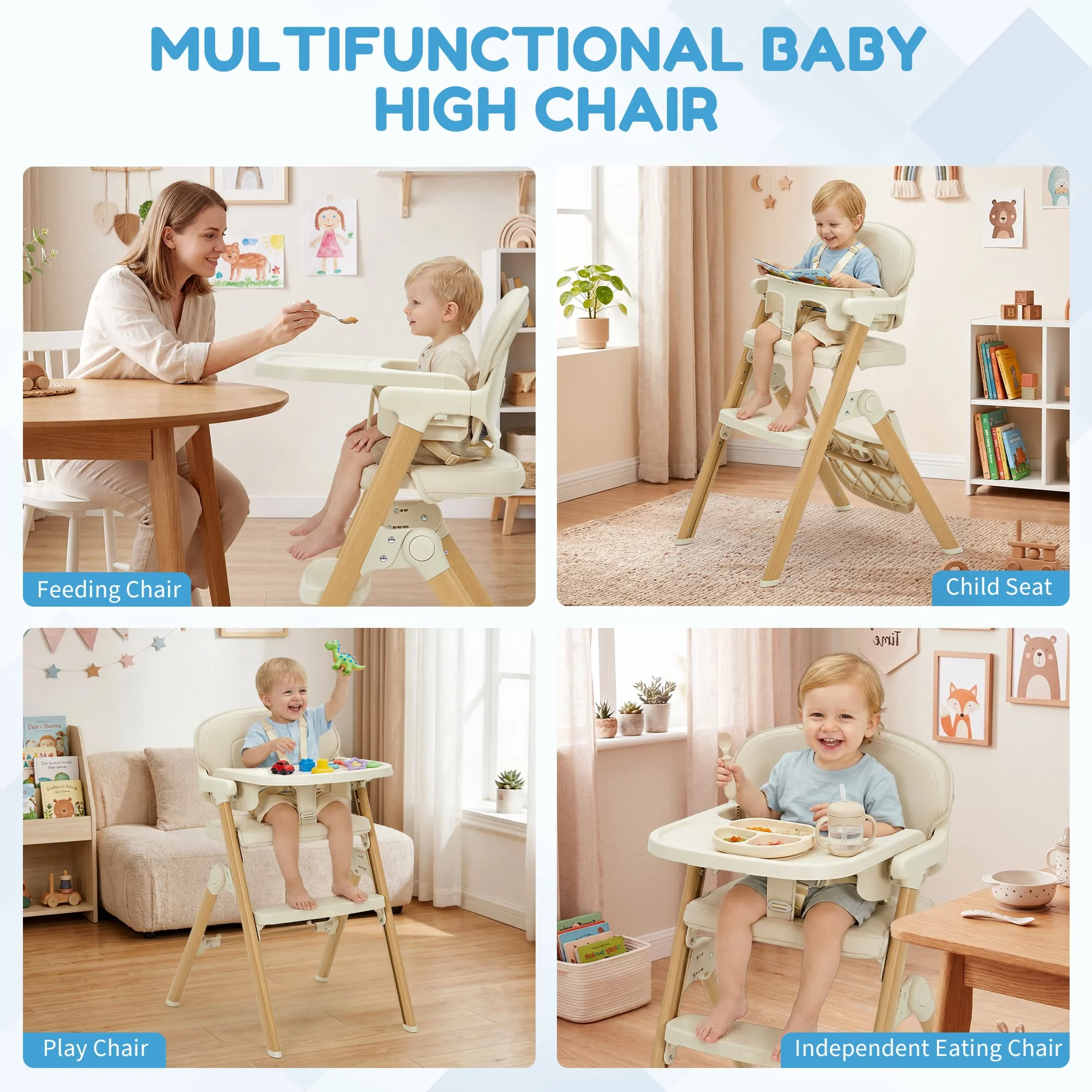 HiMISS Collapsible Portable Baby High Chair, Easy to Clean Waterproof Cushion, Removable Tray, Adjustable Footrest, Compact Toddler Booster Seat